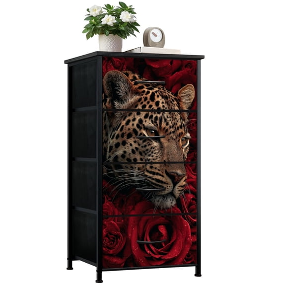 Gothic Dresser for Bedroom with 4 Storage Drawers Leopard Portrait Emerging Red Roses Dark Floral Wildlife Dressers Chest of Drawers Steel Framed Fabric Closet Organizers for Man Cave Dorm Entryway