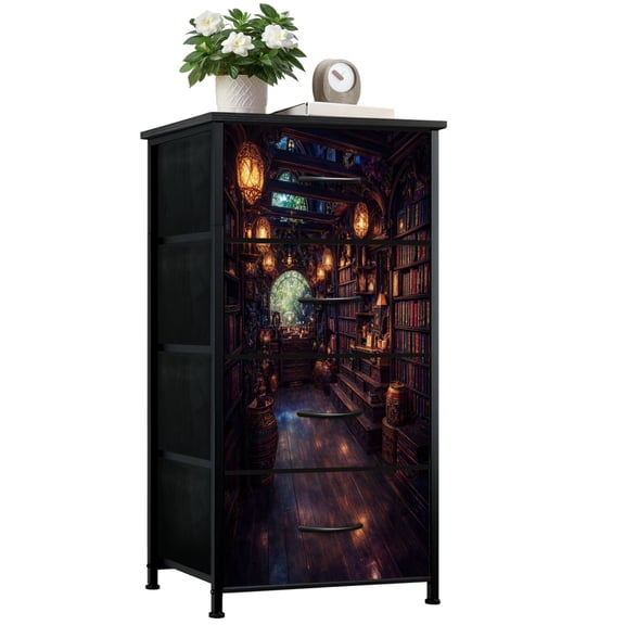 Gothic Dresser for Bedroom with 4 Storage Drawers Library Knickknack magic shop bookstore Dressers Chest of Drawers Steel Framed Fabric Closet Organizers for Boys Man Cave Dorm Entryway
