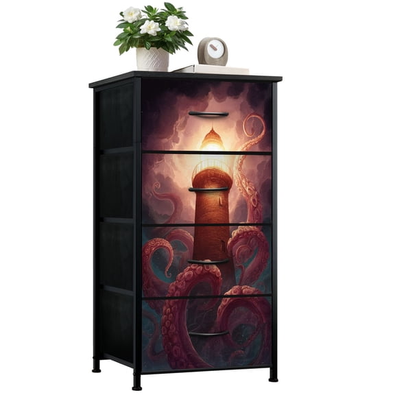 Gothic Dresser for Bedroom with 4 Storage Drawers Lighthouse Giant Octopus Tentacles Stormy Fantasy Ocean Dressers Chest of Drawers Steel Framed Fabric Closet Organizers for Entryway Kids Women
