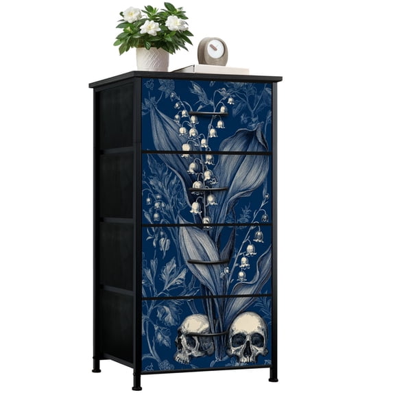 Gothic Dresser for Bedroom with 4 Storage Drawers Lily Valley Skulls Gothic Botanical Engraving Deep Blue Dressers Chest of Drawers Steel Framed Fabric Closet Organizers for Dorm Entryway