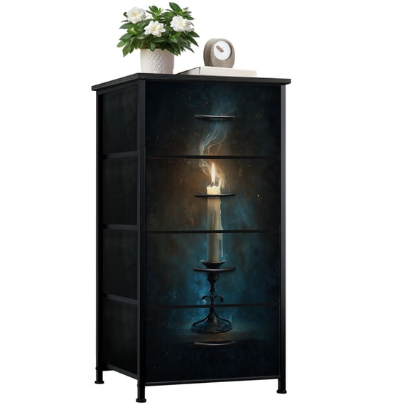 Gothic Dresser for Bedroom with 4 Storage Drawers Lit Candle Ornate Metal Candle Holder Warm Glowing Flame Dressers Chest of Drawers Steel Framed Fabric Closet Organizers for Dorm Entryway
