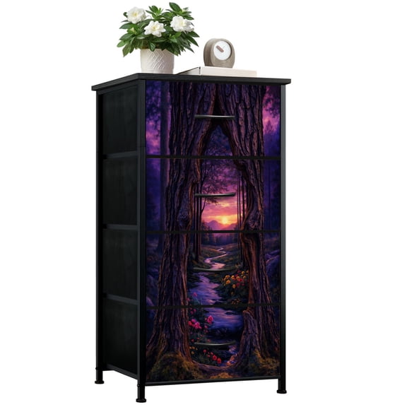 Gothic Dresser for Bedroom with 4 Storage Drawers Magical Forest Tree Flowing Stream Dressers Chest of Drawers Steel Framed Fabric Closet Organizers for Dorm Entryway End Table Living Room