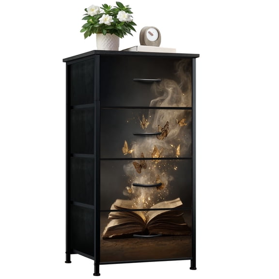Gothic Dresser for Bedroom with 4 Storage Drawers Magical Open Book Golden Butterflies Mystical Ancient Pages Dressers Chest of Drawers Steel Framed Fabric Closet Organizers for Dorm Entryway