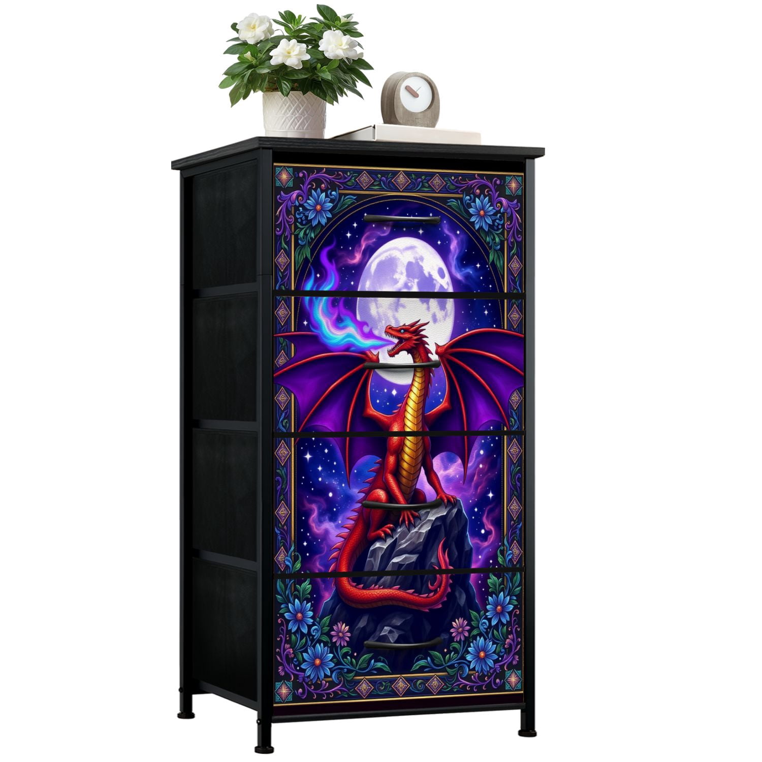 Gothic Dresser for Bedroom with 4 Storage Drawers Majestic Red Dragon Purple Fire Full Moon Ornate Floral Frame Dressers Chest of Drawers Steel Framed Fabric Closet Organizers for Dorm Entryway