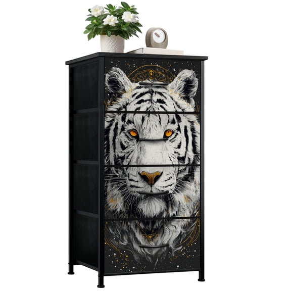 Gothic Dresser for Bedroom with 4 Storage Drawers Majestic White Tiger Golden Eyes Intricate Accents Dark Dressers Chest of Drawers Steel Framed Fabric Closet Organizers for Entryway Kids Women