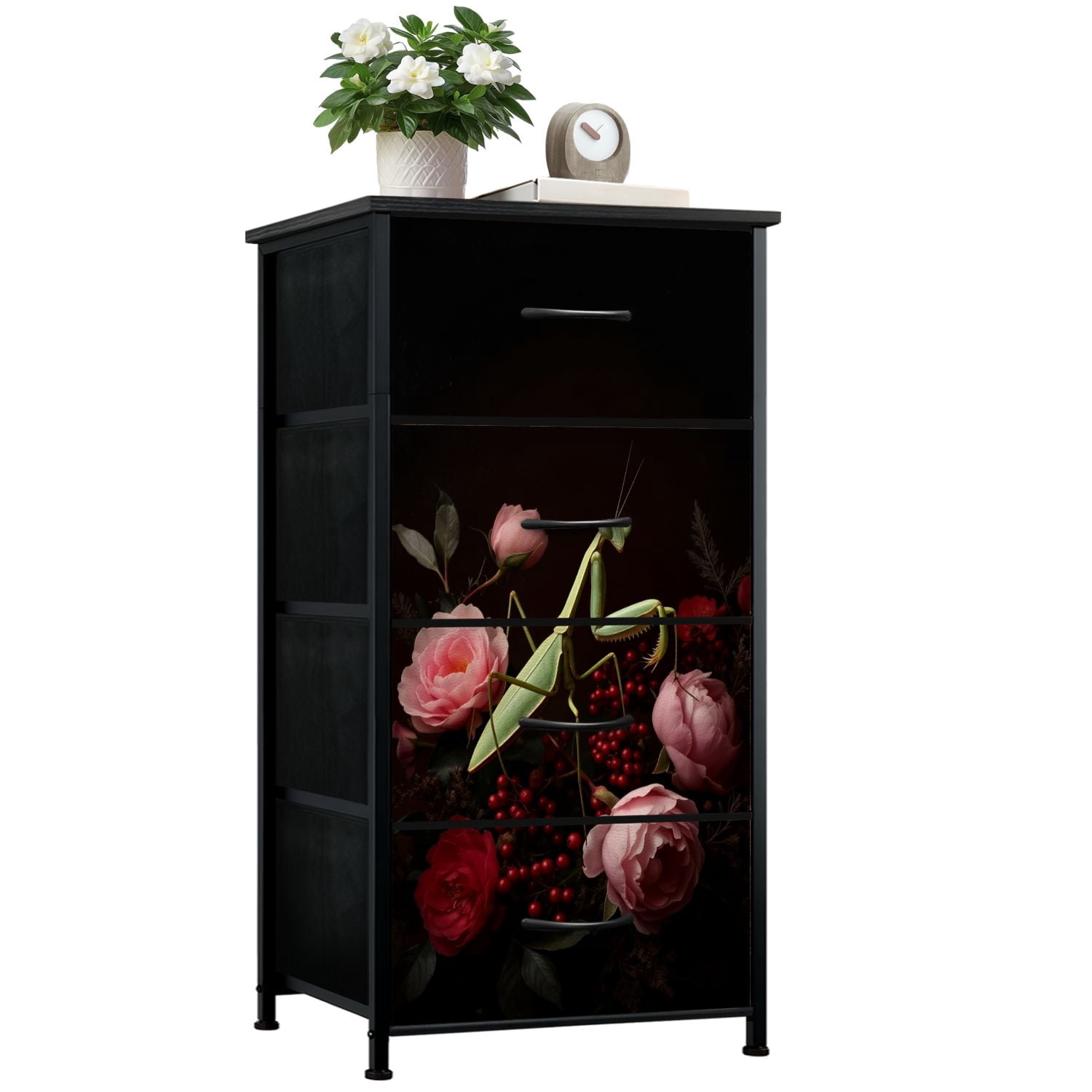 Gothic Dresser for Bedroom with 4 Storage Drawers Mantis Pink Peony Flowers Dark Floral wildlife Dressers Chest of Drawers Steel Framed Fabric Closet Organizers for Dorm Entryway