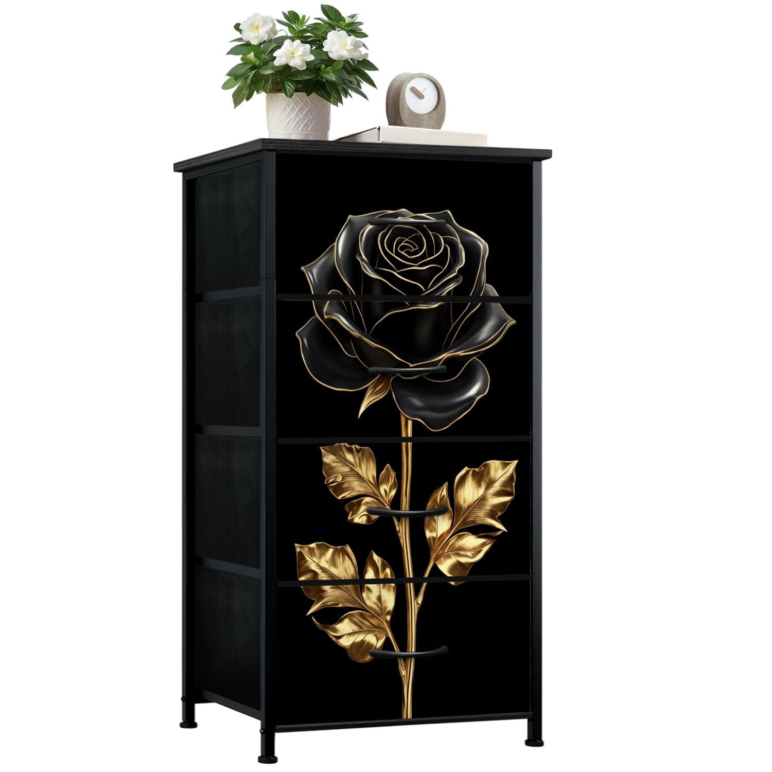 gothic black dresser for Bedroom with 4 Storage Drawers Moody Floral Vintage Gold Roses Dark Academia Dressers Chest of Drawers Steel Framed Fabric You Will Get best sewing patterns for beginners Embellished Bandeau Cowl Neck Select Size:3XL