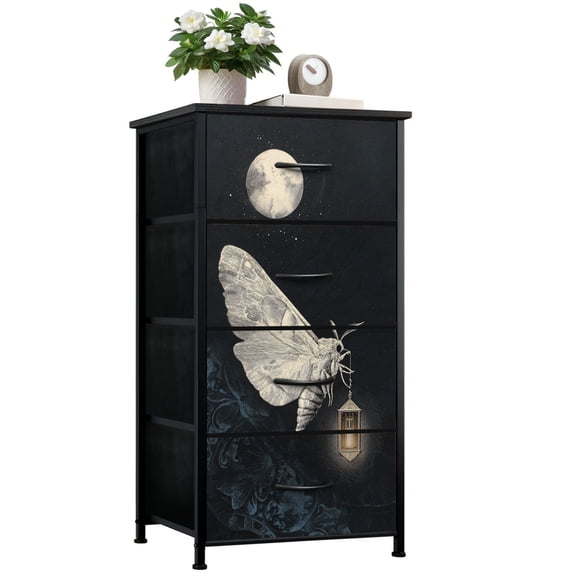 Gothic Dresser for Bedroom with 4 Storage Drawers Moth Lantern Under Full Moon Dark Gothic Night Sky Dressers Chest of Drawers Steel Framed Fabric Closet Organizers for Dorm Entryway