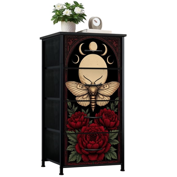 Gothic Dresser for Bedroom with 4 Storage Drawers Moth Peonies Moon Phases floral vintage Dressers Chest of Drawers Steel Framed Fabric Closet Organizers for Dorm Entryway Girls Women