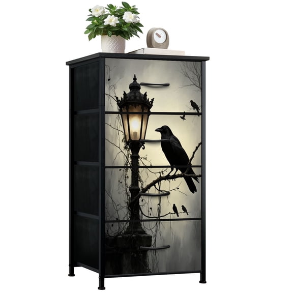 Gothic Dresser for Bedroom with 4 Storage Drawers Mysterious Raven Lantern Post Birds Vines Dressers Chest of Drawers Steel Framed Fabric Closet Organizers for Dorm Entryway Girls Women