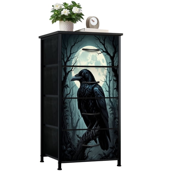 Gothic Dresser for Bedroom with 4 Storage Drawers Mysterious Raven Perched Under Full Moon Dark Forest Dressers Chest of Drawers Steel Framed Fabric Closet Organizers for Dorm Entryway Girls Women