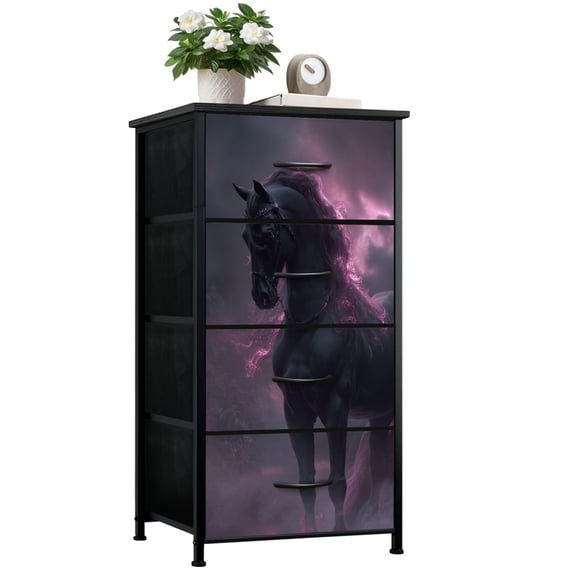 Gothic Dresser for Bedroom with 4 Storage Drawers Mystical Black Horse Purple Mane Dark Fantasy Atmosphere Dressers Chest of Drawers Steel Framed Fabric Closet Organizers for Entryway Kids Women