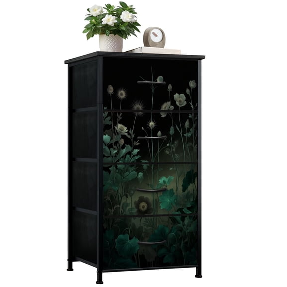 Gothic Dresser for Bedroom with 4 Storage Drawers Mystical Floral Garden Ethereal Greenery Dark Dressers Chest of Drawers Steel Framed Fabric Closet Organizers for Dorm Entryway Living Room