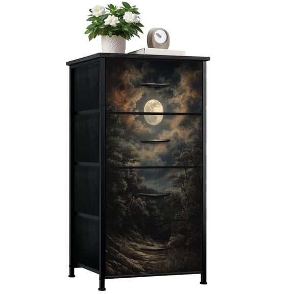 Gothic Dresser for Bedroom with 4 Storage Drawers Mystical Forest Full Moon Cloudy Sky Dressers Chest of Drawers Steel Framed Fabric Closet Organizers for Dorm Entryway End Table
