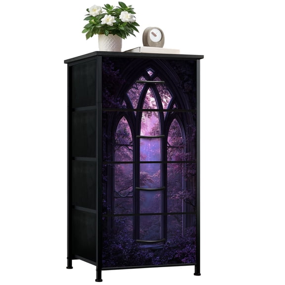 Gothic Dresser for Bedroom with 4 Storage Drawers Mystical Gothic Window Overlooking Purple Forest Dressers Chest of Drawers Steel Framed Fabric Closet Organizers for Dorm Entryway End Table