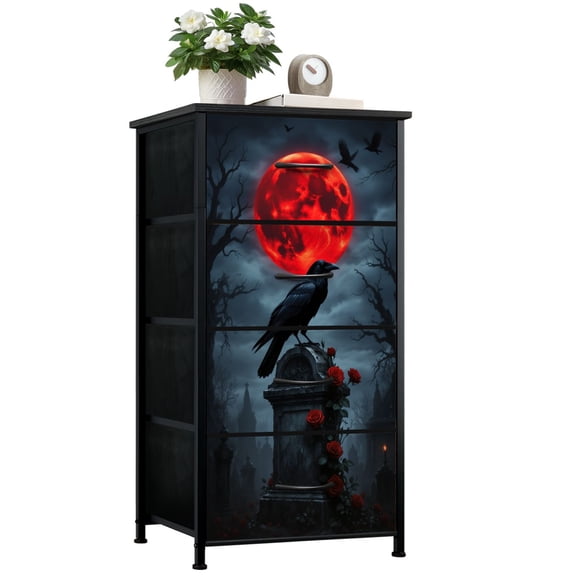 Gothic Dresser for Bedroom with 4 Storage Drawers Mystical Raven Gravestone Red Moon Dark Cemetery Dressers Chest of Drawers Steel Framed Fabric Closet Organizers for Dorm Entryway Girls Women