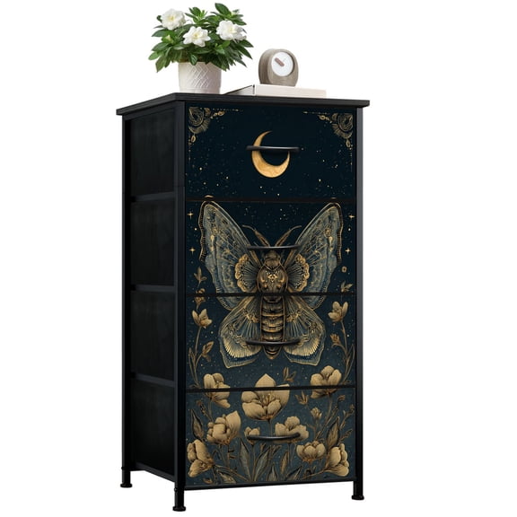 Gothic Dresser for Bedroom with 4 Storage Drawers Nighttime Moth Crescent Moon Floral Accents Dressers Chest of Drawers Steel Framed Fabric Closet Organizers for Dorm Entryway