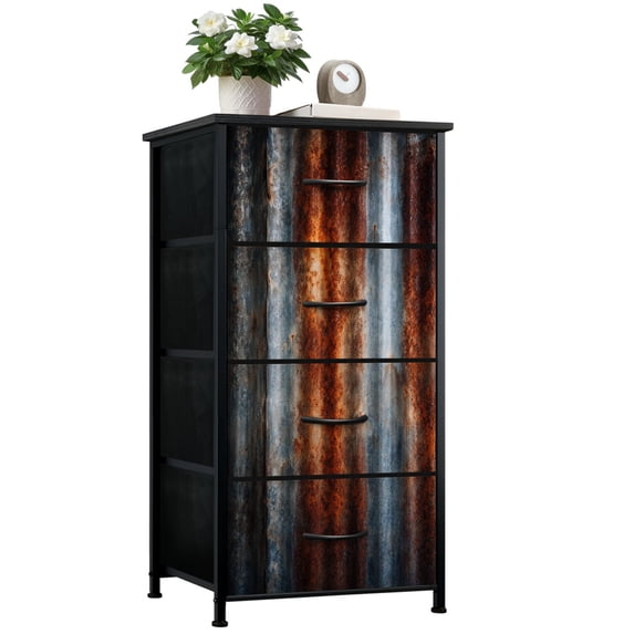 Gothic Dresser for Bedroom with 4 Storage Drawers Old wall texture rusty galvanized metal panel Dressers Chest of Drawers Steel Framed Fabric Closet Organizers for Boys Man Cave Dorm Entryway