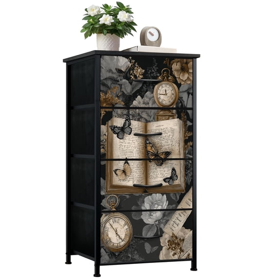 Gothic Dresser for Bedroom with 4 Storage Drawers Open Antique Book Butterflies Vintage Clocks Dark Floral Dressers Chest of Drawers Steel Framed Fabric Closet Organizers for Dorm Entryway
