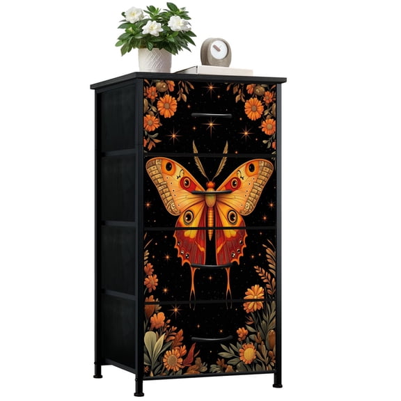 Gothic Dresser for Bedroom with 4 Storage Drawers Orange Moth Intricate Patterns Floral Surroundings Dressers Chest of Drawers Steel Framed Fabric Closet Organizers for Teen Girls Dorm Entryway