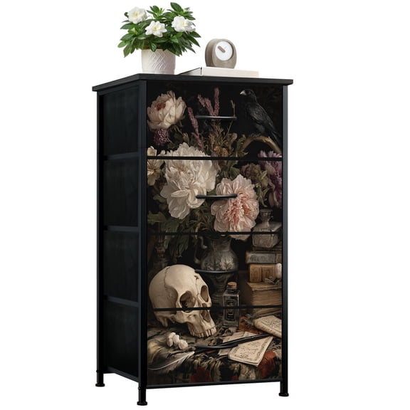 Gothic Dresser for Bedroom with 4 Storage Drawers Peony Flowers Skull Vintage Books Dark Raven Ink Bottles Dressers Chest of Drawers Steel Framed Fabric Closet Organizers for Dorm Entryway
