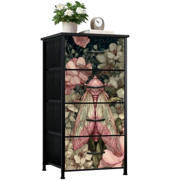 Gothic Dresser for Bedroom with 4 Storage Drawers Pink Moth Floral Soft Pastel Colors Dressers Chest of Drawers Steel Framed Fabric Closet Organizers for Dorm Entryway