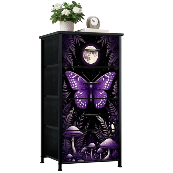 Gothic Dresser for Bedroom with 4 Storage Drawers Purple Butterfly Surrounded by Mushrooms Ferns Under Full Moon Dressers Chest of Drawers Steel Framed Fabric Closet Organizers for Dorm Entryway