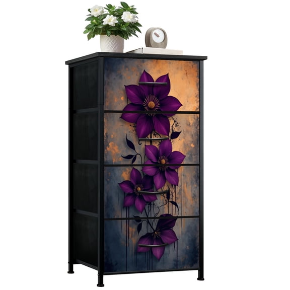 Gothic Dresser for Bedroom with 4 Storage Drawers Purple Floral Dark Accents Abstract Dressers Chest of Drawers Steel Framed Fabric Closet Organizers for Dorm Entryway Living Room End Table