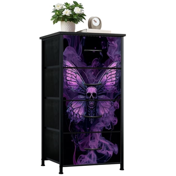Gothic Dresser for Bedroom with 4 Storage Drawers Purple Skull Butterfly Art Dressers Chest of Drawers Steel Framed Fabric Closet Organizers for Entryway Kids Women