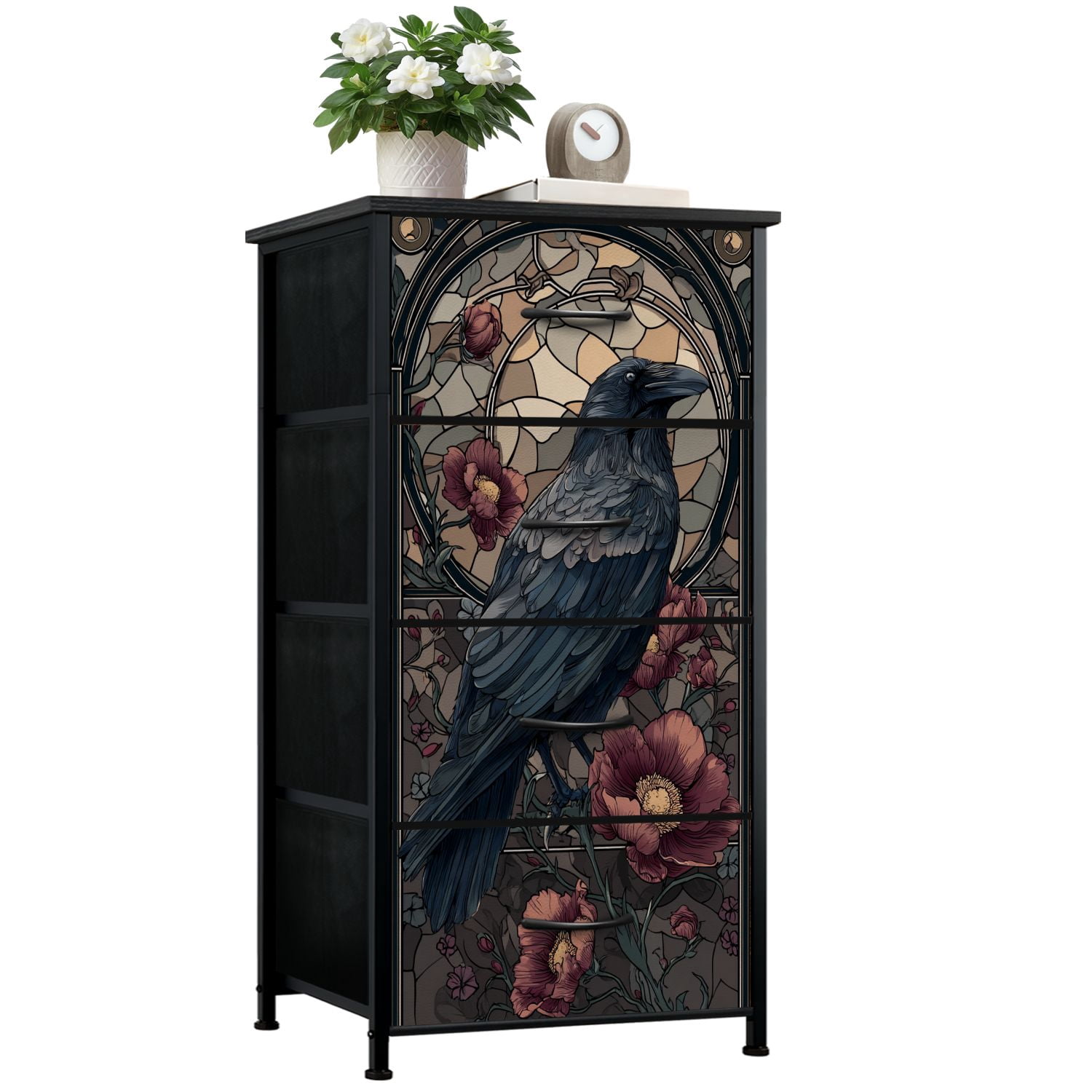 gothic dresser Gothic Dresser for Bedroom with 4 Storage Drawers Gothic Red Rose Skull Dark Romantic Crow Goth Halloween Dressers Chest of Drawers Steel Framed