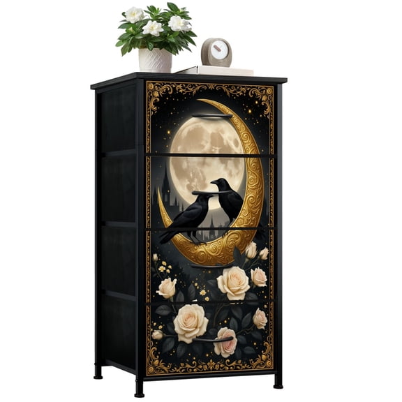 Gothic Dresser for Bedroom with 4 Storage Drawers Ravens Golden Crescent Moon Full Roses Magical Night Dressers Chest of Drawers Steel Framed Fabric Closet Organizers for Dorm Entryway