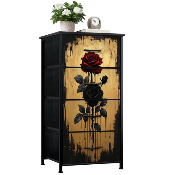 Gothic Dresser for Bedroom with 4 Storage Drawers Red Black Roses Dripping Paint Golden Dressers Chest of Drawers Steel Framed Fabric Closet Organizers for Dorm Entryway Living Room End Table