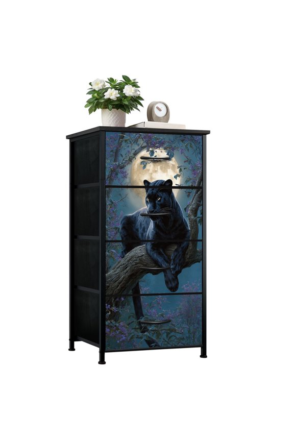Gothic Dresser for Bedroom with 4 Storage Drawers Resting Tree Branch Full Moon Purple Blossoms Mystical Night Dressers Chest of Drawers Steel Framed Fabric Closet Organizers for Man Cave Dorm