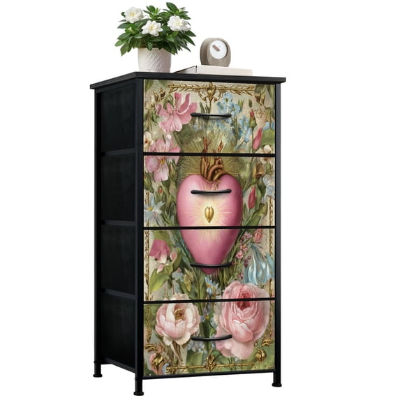 Gothic Dresser for Bedroom with 4 Storage Drawers Romantic Botanical Golden Sacred Heart Wildflower Accents Dressers Chest of Drawers Steel Framed Fabric Closet Organizers for Dorm Entryway