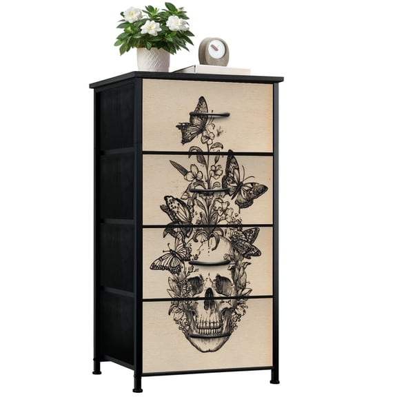 Gothic Dresser for Bedroom with 4 Storage Drawers Skull Butterflies Floral Intricate Black Dressers Chest of Drawers Steel Framed Fabric Closet Organizers for Dorm Entryway