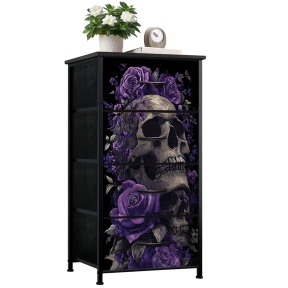 Gothic Dresser for Bedroom with 4 Storage Drawers Skull Purple Roses Gothic Floral Dark Art Dressers Chest of Drawers Steel Framed Fabric Closet Organizers for Man Cave Dorm Entryway