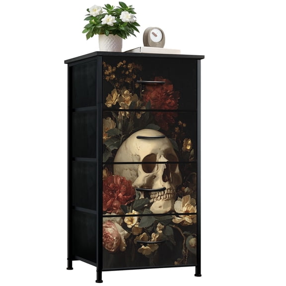 Gothic Dresser for Bedroom with 4 Storage Drawers Skull Red White Flowers Dark Dressers Chest of Drawers Steel Framed Fabric Closet Organizers for Dorm Entryway