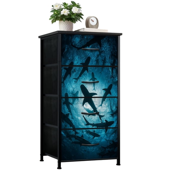 Gothic Dresser for Bedroom with 4 Storage Drawers Underwater Shark School Crystal Clear Ocean Waters Dressers Chest of Drawers Steel Framed Fabric Closet Organizers for Entryway Kids Women