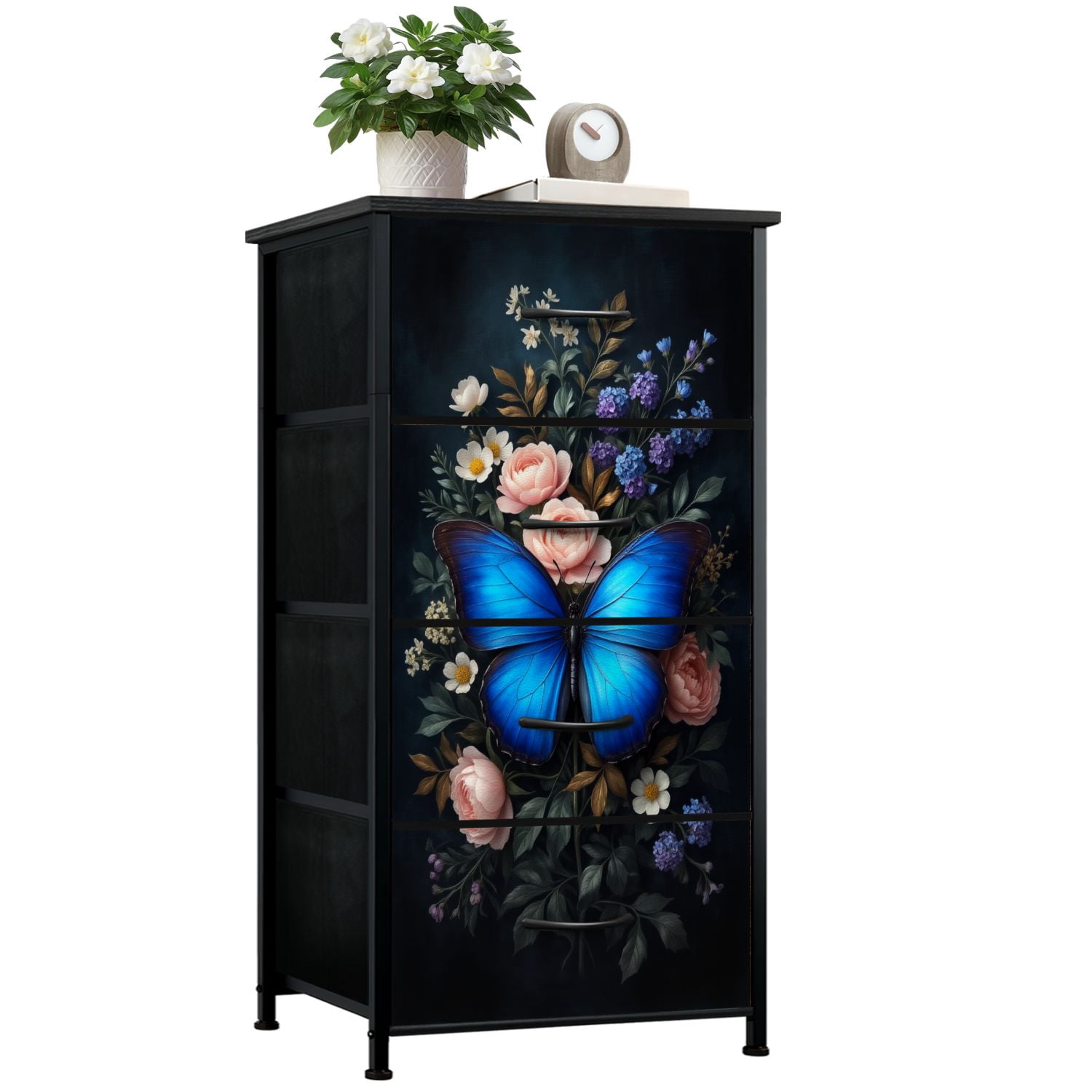 Gothic Dresser for Bedroom with 4 Storage Drawers Vibrant Blue Butterfly Elegant Floral romantic bouquet Dressers Chest of Drawers Steel Framed Fabric Closet Organizers for Dorm Entryway