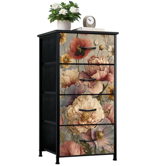 Gothic Dresser for Bedroom with 4 Storage Drawers Vintage Floral Bouquet Soft Pinks Purples Creams Dressers Chest of Drawers Steel Framed Fabric Closet Organizers for Dorm Entryway