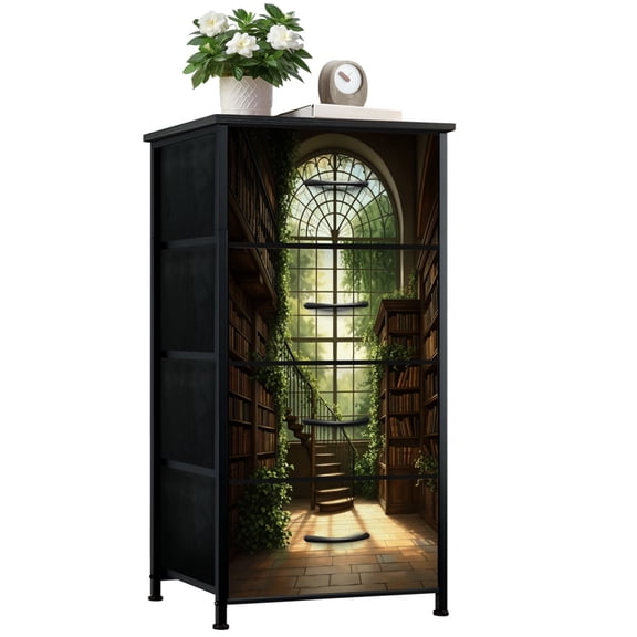 Gothic Dresser for Bedroom with 4 Storage Drawers Vintage Library Dark Academia Victorian Gothic Dark Dressers Chest of Drawers Steel Framed Fabric Closet Organizers for Dorm Entryway