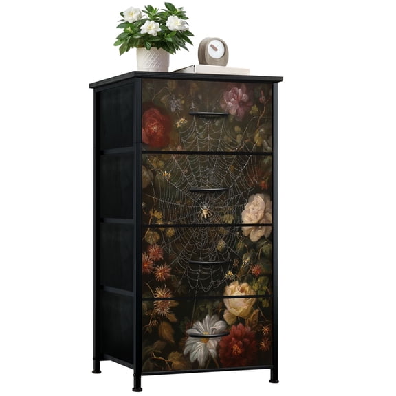 Gothic Dresser for Bedroom with 4 Storage Drawers Web Dew Roses Flowers Dark Garden Dressers Chest of Drawers Steel Framed Fabric Closet Organizers for Dorm Entryway