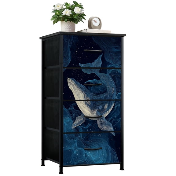 Gothic Dresser for Bedroom with 4 Storage Drawers Whale Swimming Cosmic Ocean Blue Swirls Starry Dressers Chest of Drawers Steel Framed Fabric Closet Organizers for Entryway Kids Women