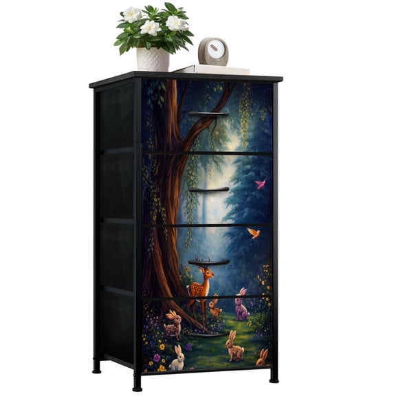 Gothic Dresser for Bedroom with 4 Storage Drawers Whimsical Forest Scene Deer Bunnies Dressers Chest of Drawers Steel Framed Fabric Closet Organizers for Dorm Entryway End Table Living Room
