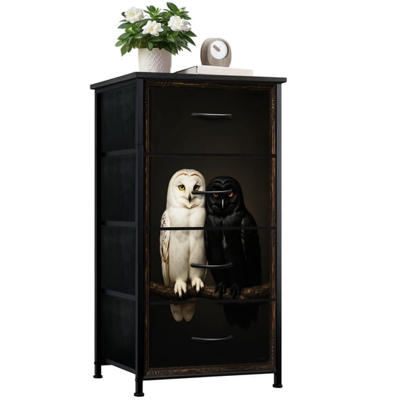 Gothic Dresser for Bedroom with 4 Storage Drawers White Black Owl Pair Dark Vintage Gothic Dressers Chest of Drawers Steel Framed Fabric Closet Organizers for Dorm Entryway