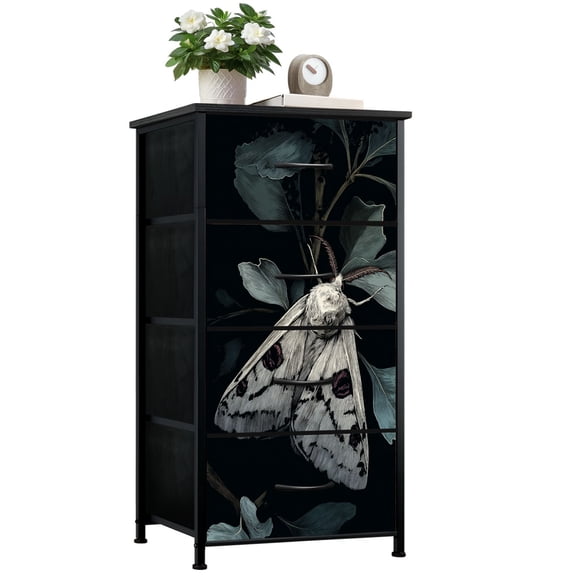 Gothic Dresser for Bedroom with 4 Storage Drawers White Moth Perched Leaves Dark Aesthetic Dressers Chest of Drawers Steel Framed Fabric Closet Organizers for Dorm Entryway