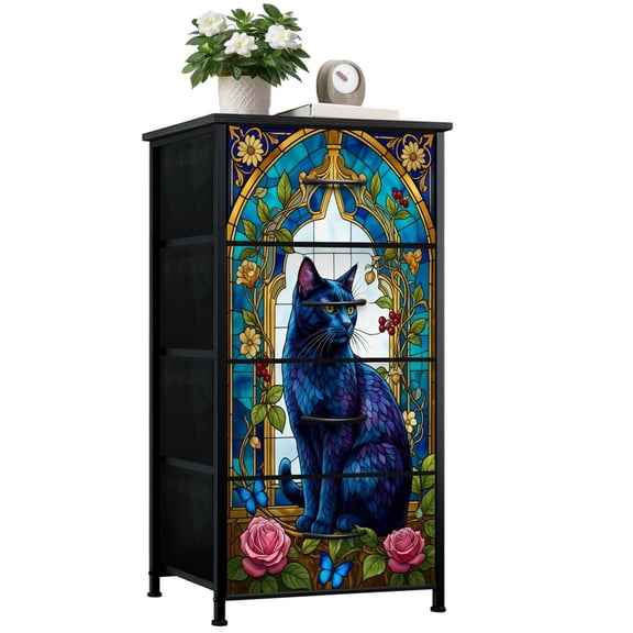 Gothic Dresser for Bedroom with 4 Storage Drawers cat Blue Stained Glass Floral Details Vibrant Dressers Chest of Drawers Steel Framed Fabric Closet Organizers for Dorm Entryway Girls Women