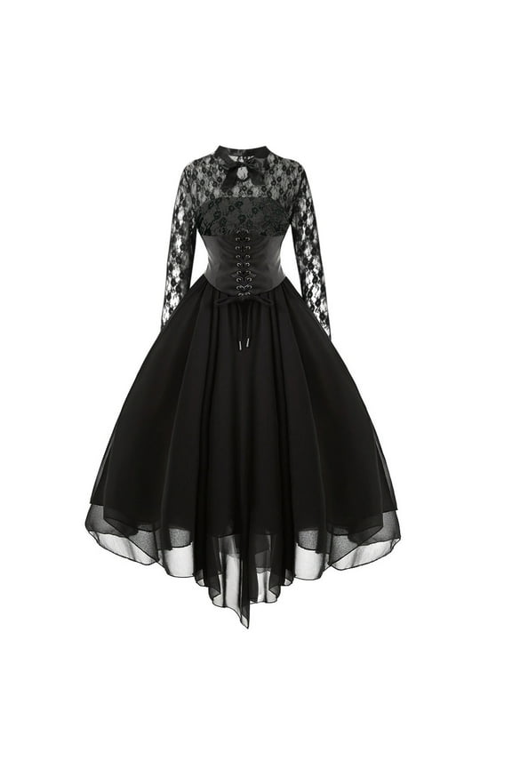 Gothic Dresses for Women Long Sleeve Floral Embroidered Lace Steam Punk Dress Hippie Dress with Corset Ladies Halloween Swing Dress Cocktail Party Costume Sexy Gothic Clothes