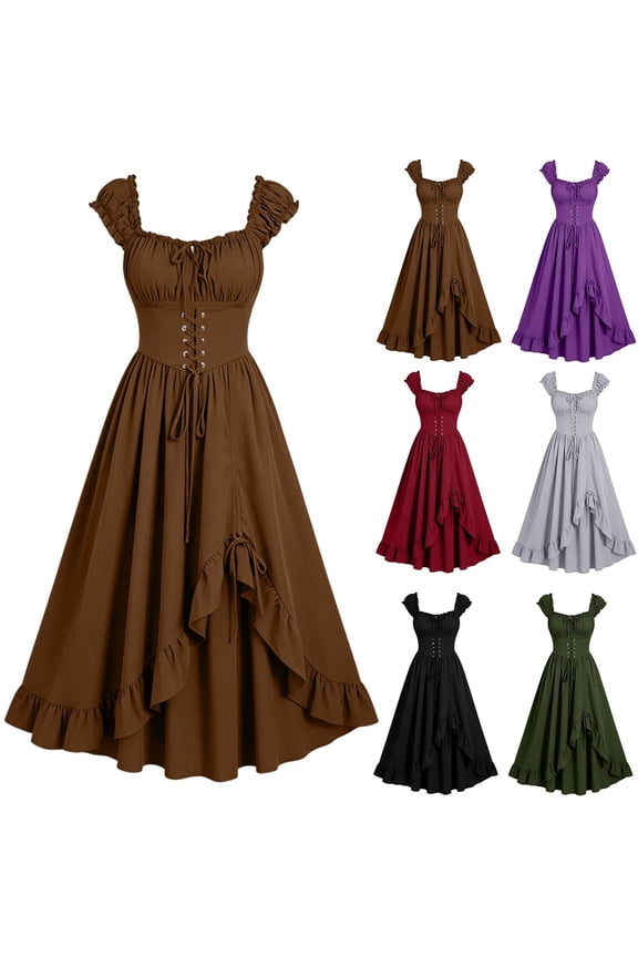Gothic Dresses for Women Medieval Renaissance Halloween Costume Lace Up Corset High Low Ruffle Hem Square Neck Vintage Gown