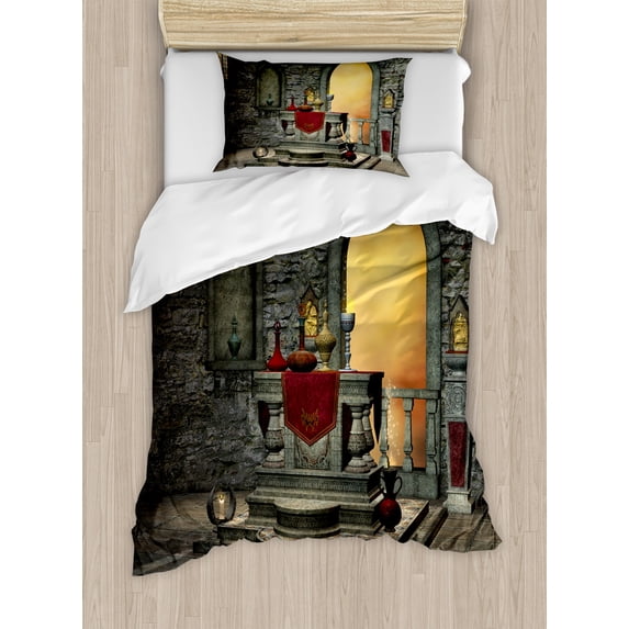 Gothic Duvet Cover Set, Altar Table in Castle Baroque Era Inspired Alchemy Wizard Design, Decorative 2 Piece Bedding Set with 1 Pillow Shams, Twin Size, Reseda Green Mustard, by Ambesonne